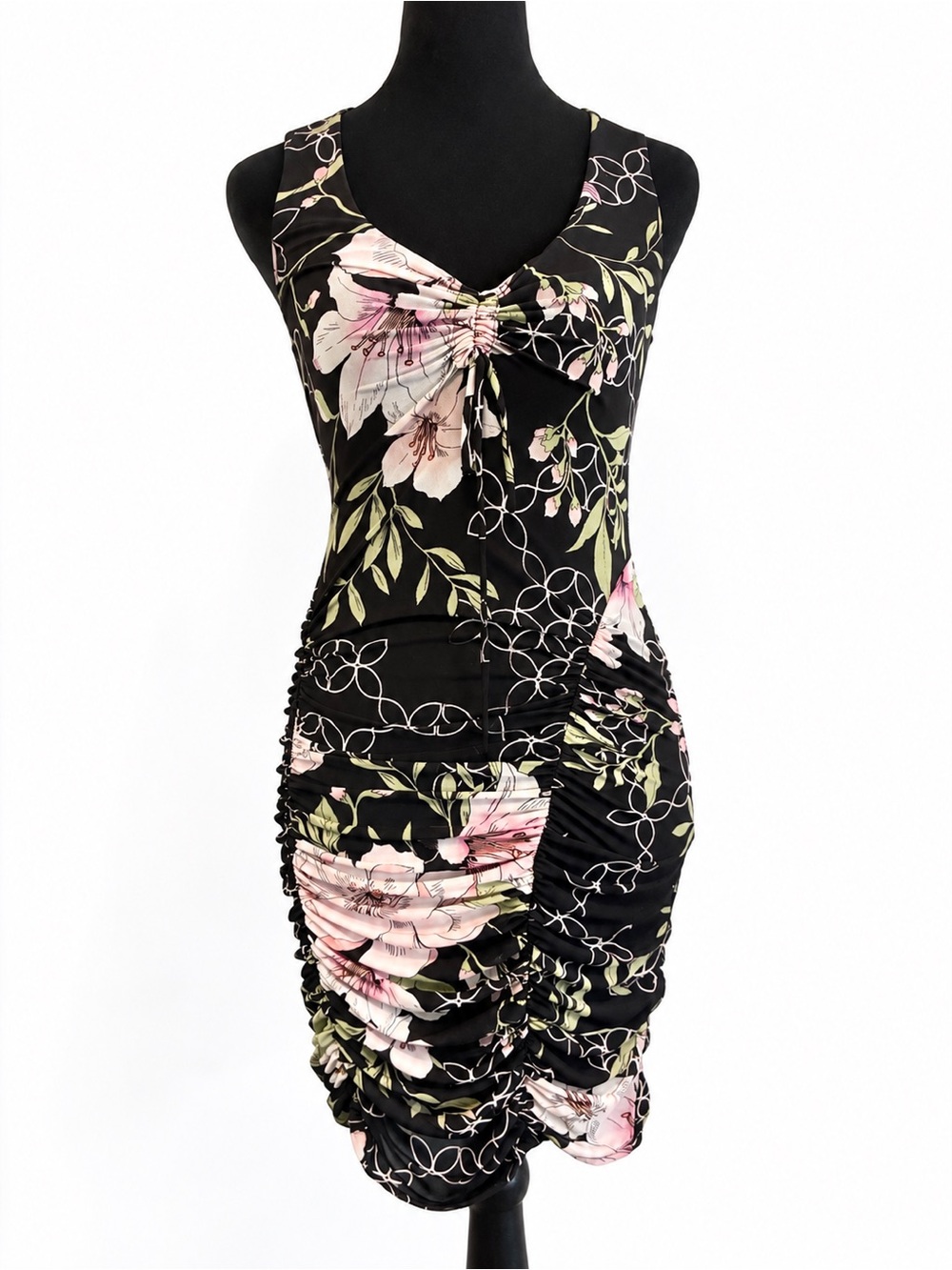 GUESS Black Pink Floral Ruched Bodycon Mini Dress Y2K